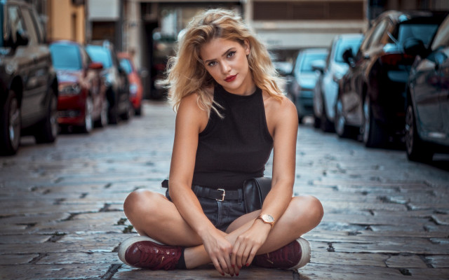 Woman sitting black top skirt free wallpaper for desktop - medium preview image