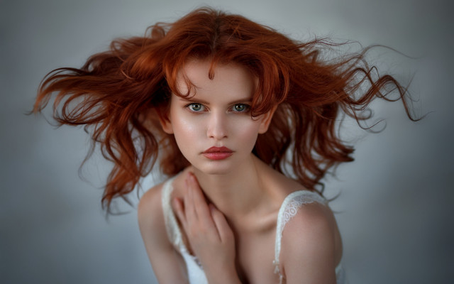 Red haired woman posing hands free wallpaper for desktop - medium preview image