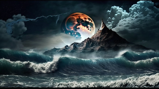 Mountain clouds fullmoon ocean fantasy free wallpaper for desktop - medium preview image