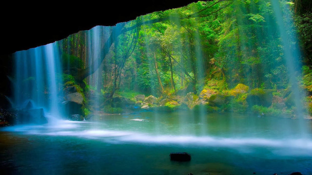 Waterfall forest blue pool cave #3 free wallpaper for desktop - medium preview image