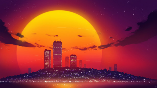 City skyline orange sun bird free wallpaper for desktop - medium preview image