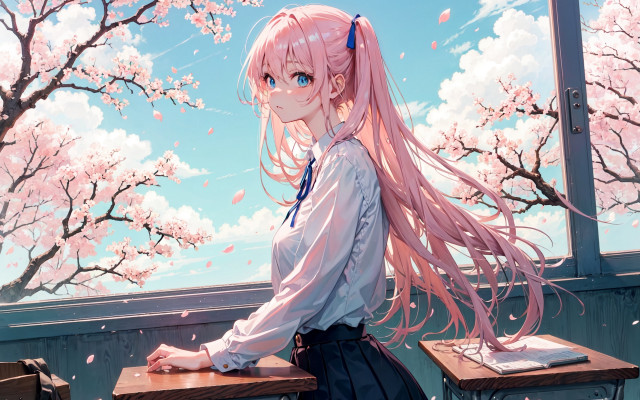 Pink haired girl bench window free wallpaper for desktop - medium preview image