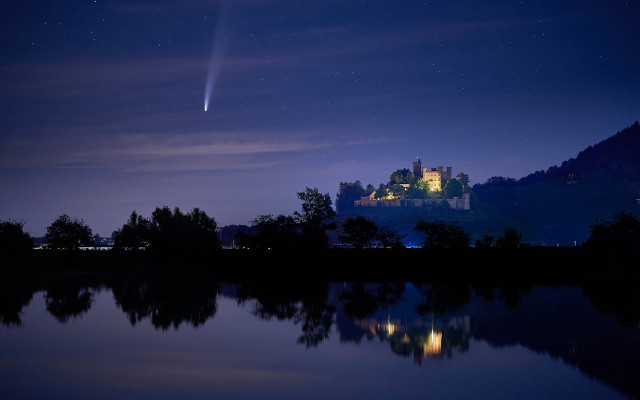 Castle night lake aurora fireworks free wallpaper for desktop - medium preview image