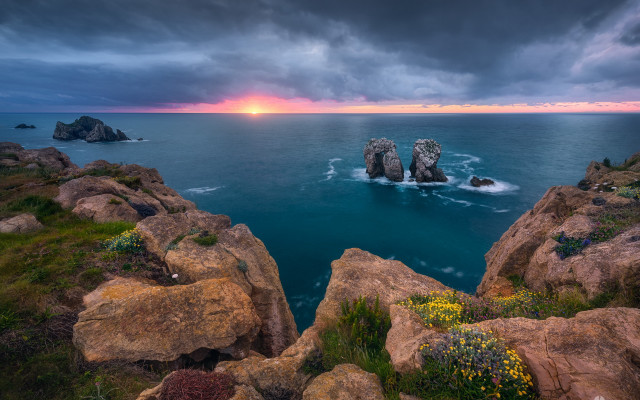 Rocky coastline sunset beach landscape free wallpaper for desktop - medium preview image