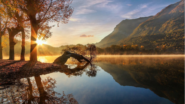 Lake sunset mountains autumn forest free wallpaper for desktop - medium preview image