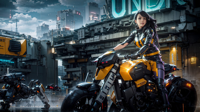 Futuristic city motorcycle woman neon free wallpaper for desktop - medium preview image