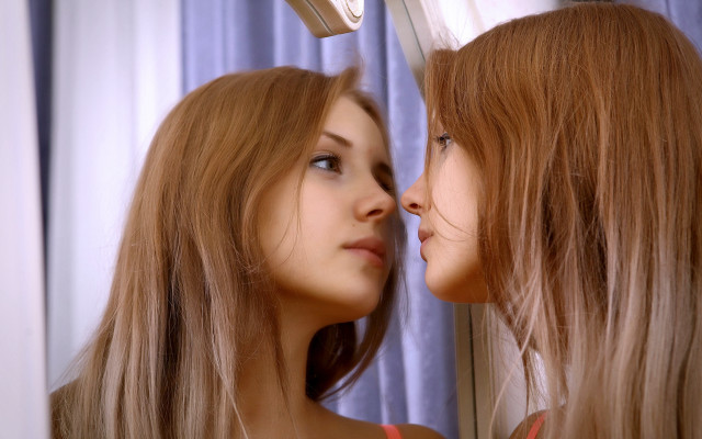 Mirror reflection two women eyelash free wallpaper for desktop - medium preview image