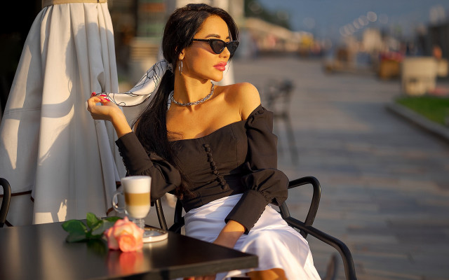 Woman coffee scarf fashion portrait free wallpaper for desktop - medium preview image