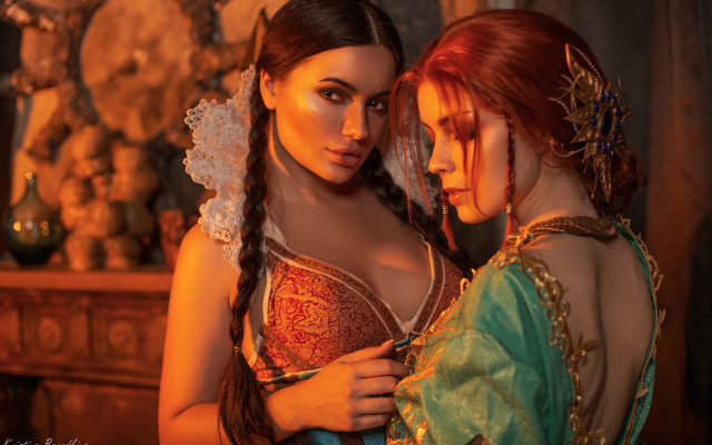 Renaissance cosplay two women fireplace free wallpaper for desktop - medium preview image
