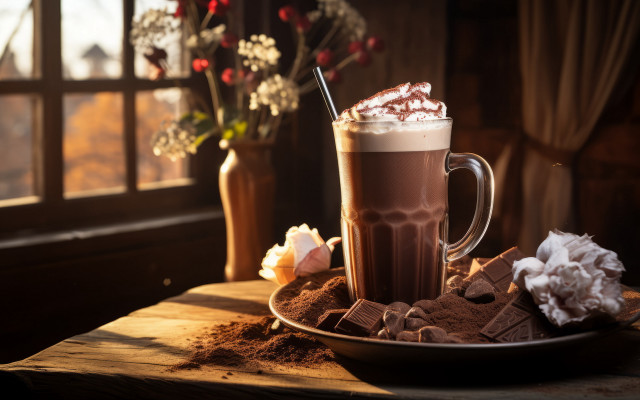 Hot chocolate marshmallows vase window free wallpaper for desktop - medium preview image