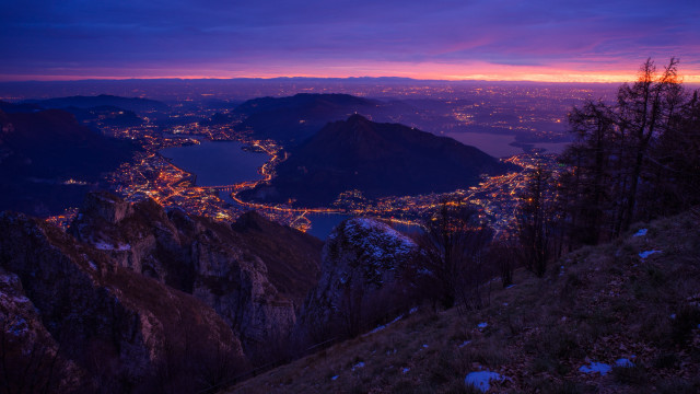 Mountain city night purple sky free wallpaper for desktop - medium preview image