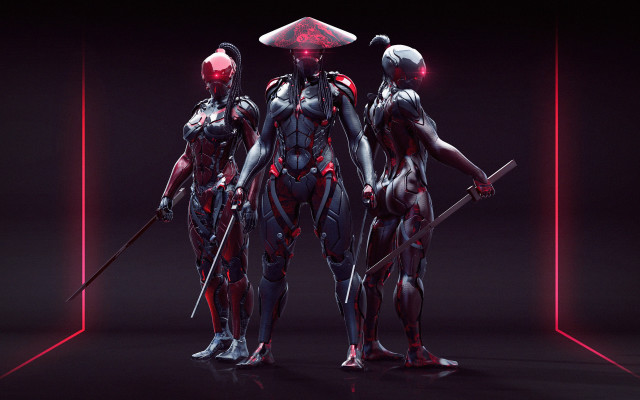 Futuristic women armor swords cyberpunk free wallpaper for desktop - medium preview image