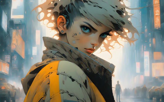 Woman mohawk yellow jacket city free wallpaper for desktop - medium preview image