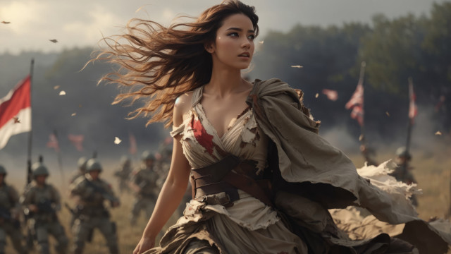 Woman running field soldiers flag free wallpaper for desktop - medium preview image