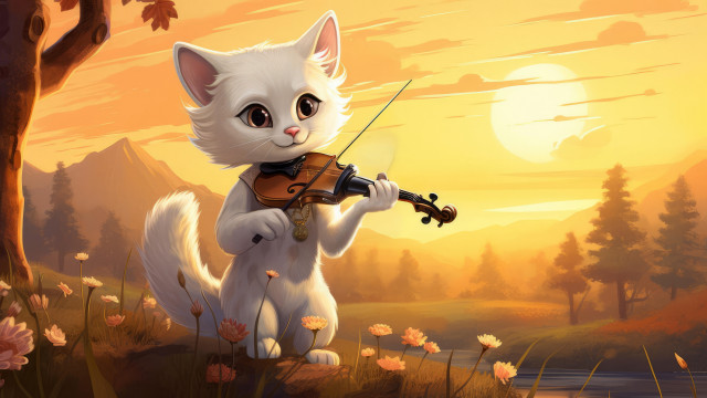 White cat violin sunset field free wallpaper for desktop - medium preview image