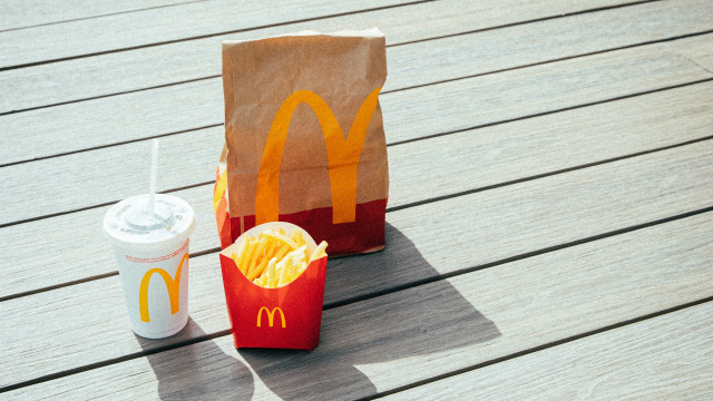 Mcdonalds bag drink wooden table free wallpaper for desktop - medium preview image