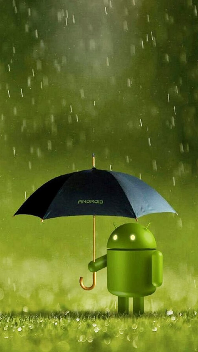 Green android character holding umbrella #3 free wallpaper for mobile - medium preview image