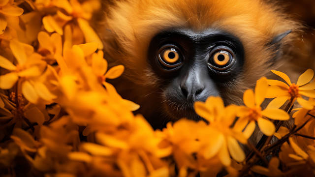Monkey big eyes yellow flowers free wallpaper for desktop - medium preview image