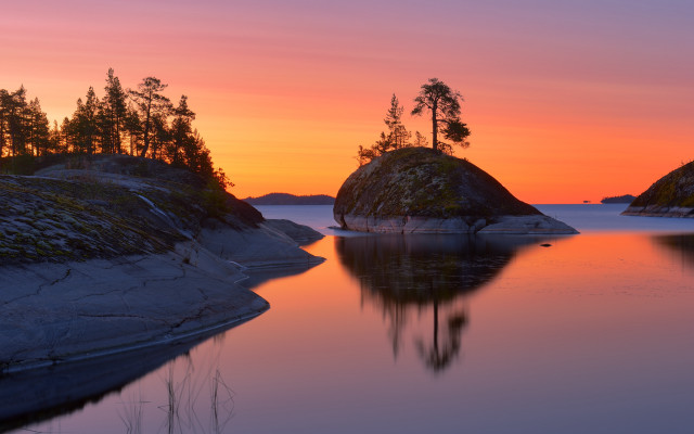 Sunset water trees rocks autumn free wallpaper for desktop - medium preview image