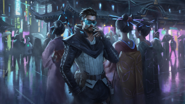 Futuristic man cyberpunk crowd neon free wallpaper for desktop - medium preview image