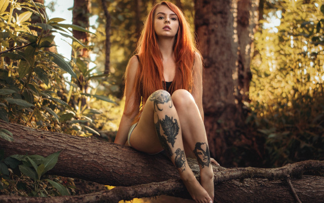 Red haired woman tattoo forest free wallpaper for desktop - medium preview image