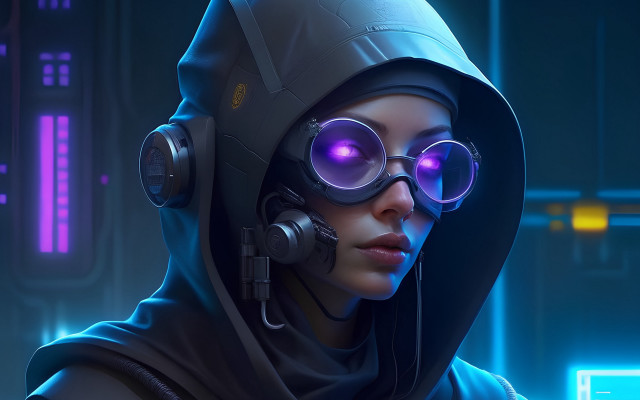 Glowing eyes cyberpunk woman hoodie free wallpaper for desktop - medium preview image