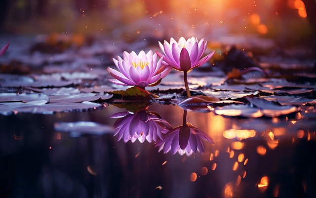 Purple flowers floating pond glowing free wallpaper for desktop - medium preview image