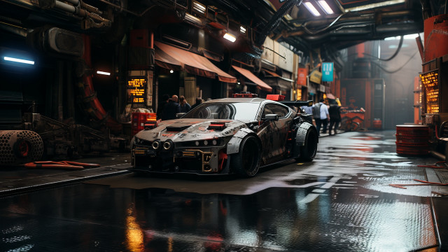 Garage cyberpunk car man suit free wallpaper for desktop - medium preview image