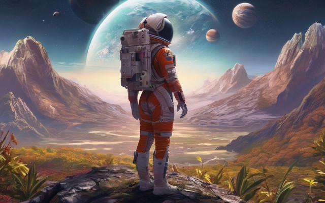 Astronaut rock planet mountains night free wallpaper for desktop - medium preview image