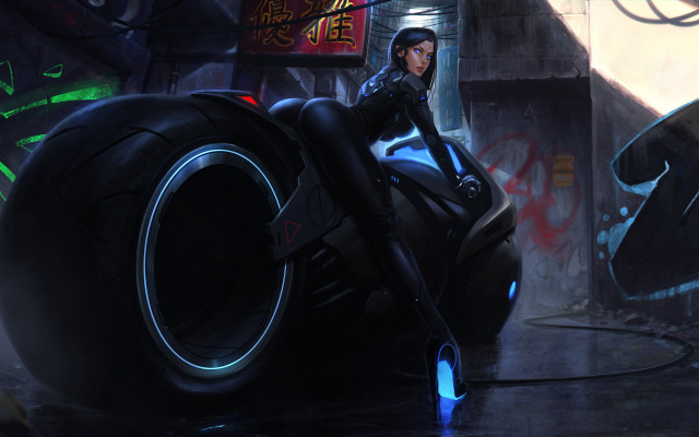 Futuristic city neon motorcycle cyberpunk free wallpaper for desktop - medium preview image