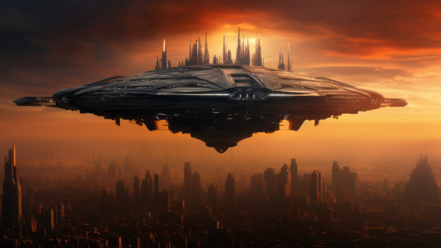 Futuristic city saucer sunset afrofuturism free wallpaper for desktop - medium preview image