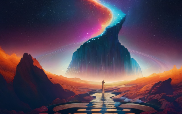 Mountain road starry sky fantasy free wallpaper for desktop - medium preview image