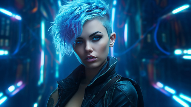Blue haired woman cyberpunk neon free wallpaper for desktop - medium preview image