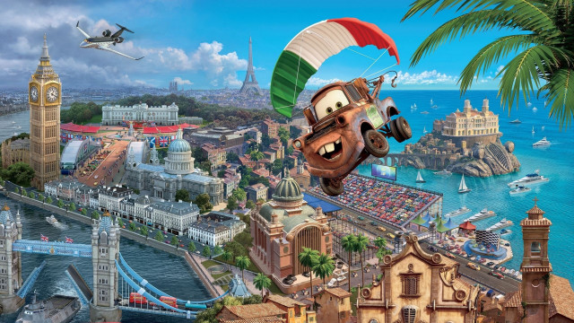 Cartoon flying parachute city background free wallpaper for desktop - medium preview image