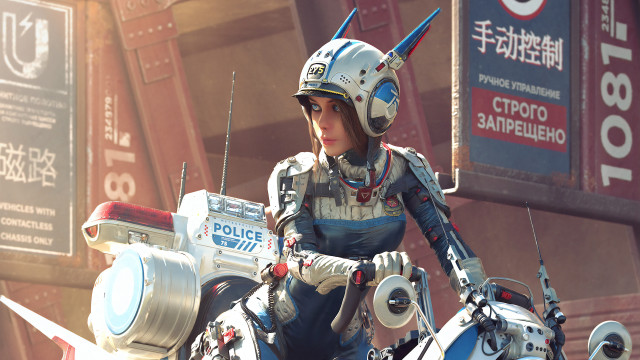Futuristic woman motorcycle cyberpunk helmet free wallpaper for desktop - medium preview image