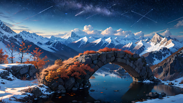 Mountain lake bridge stars night free wallpaper for desktop - medium preview image