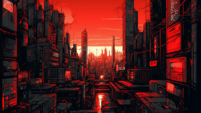 Red cyberpunk cityscape sunset tokyo free wallpaper for desktop - medium preview image