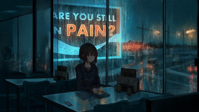 Girl cyberpunk neon sign rainy free wallpaper for desktop - medium preview image