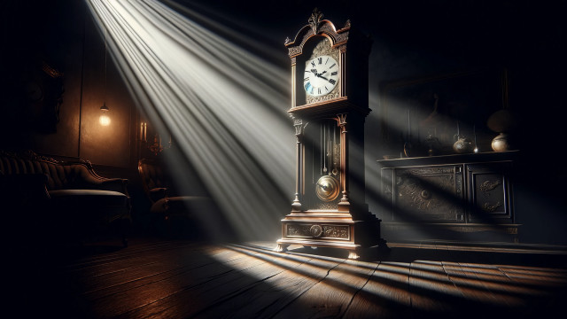 Clock wooden floor lightbeam darkroom free wallpaper for desktop - medium preview image