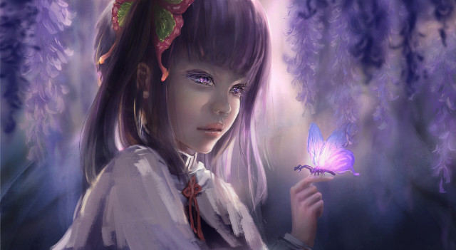 Girl butterfly purple background flowers free wallpaper for desktop - medium preview image