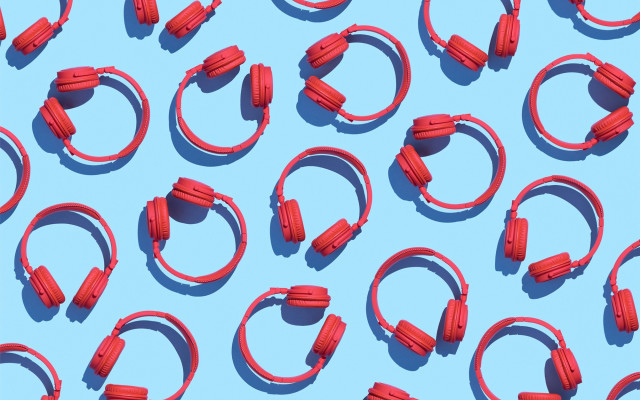 Red headphones blue background pattern free wallpaper for desktop - medium preview image