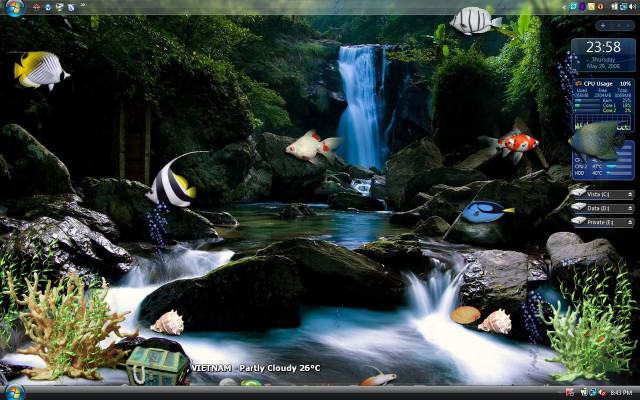 Computer waterfall fish screenshot image free wallpaper for desktop - medium preview image