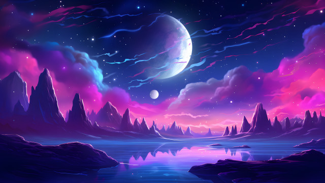Purple blue landscape moon lake free wallpaper for desktop - medium preview image
