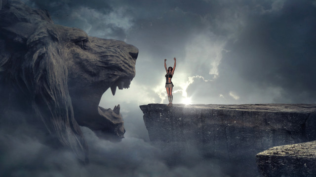 Woman dragon cliff fantasy night free wallpaper for desktop - medium preview image