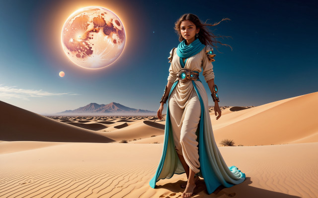 Desert woman planet night mountains free wallpaper for desktop - medium preview image