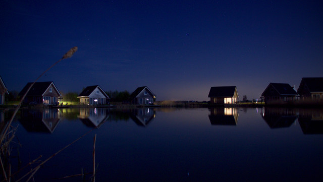 Lake houses fullmoon night art free wallpaper for desktop - medium preview image