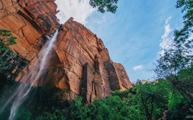 Waterfall rock formation trees blue free wallpaper for desktop - medium preview image