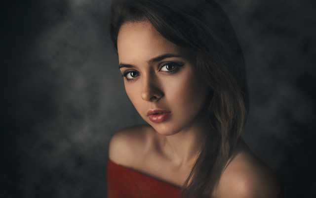 Woman red dress smoke portrait free wallpaper for desktop - medium preview image