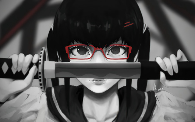 Woman glasses katana serious school free wallpaper for desktop - medium preview image