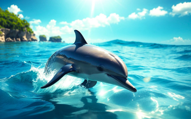 Dolphin ocean island rock sun free wallpaper for desktop - medium preview image